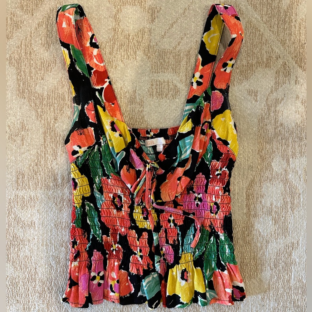 Gianni Bini Pink and Yellow Tie Front Peplum Tank Top